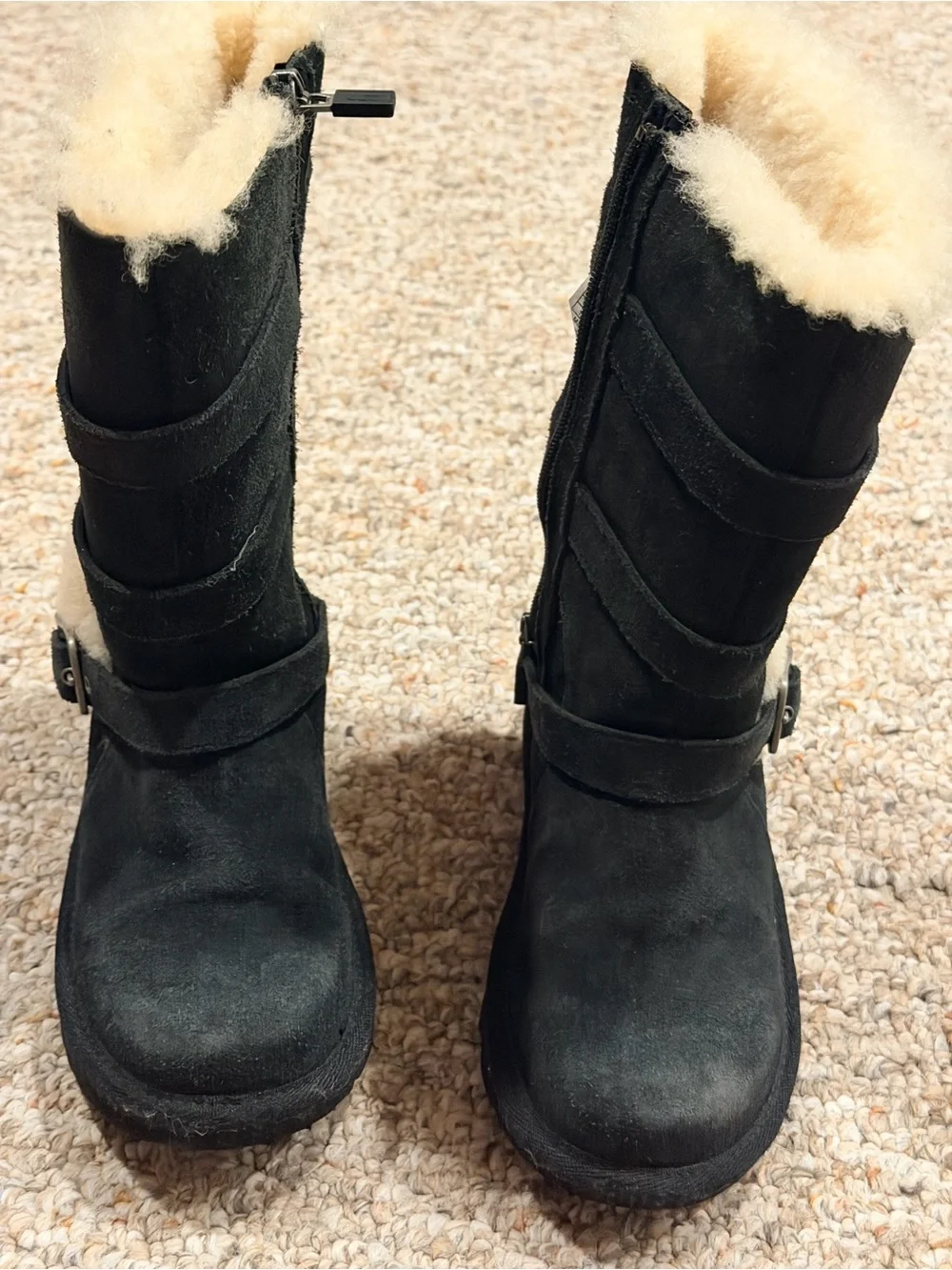UGG Maddi Tall Black Suede Shearling Buckle Boots Kids Size 13